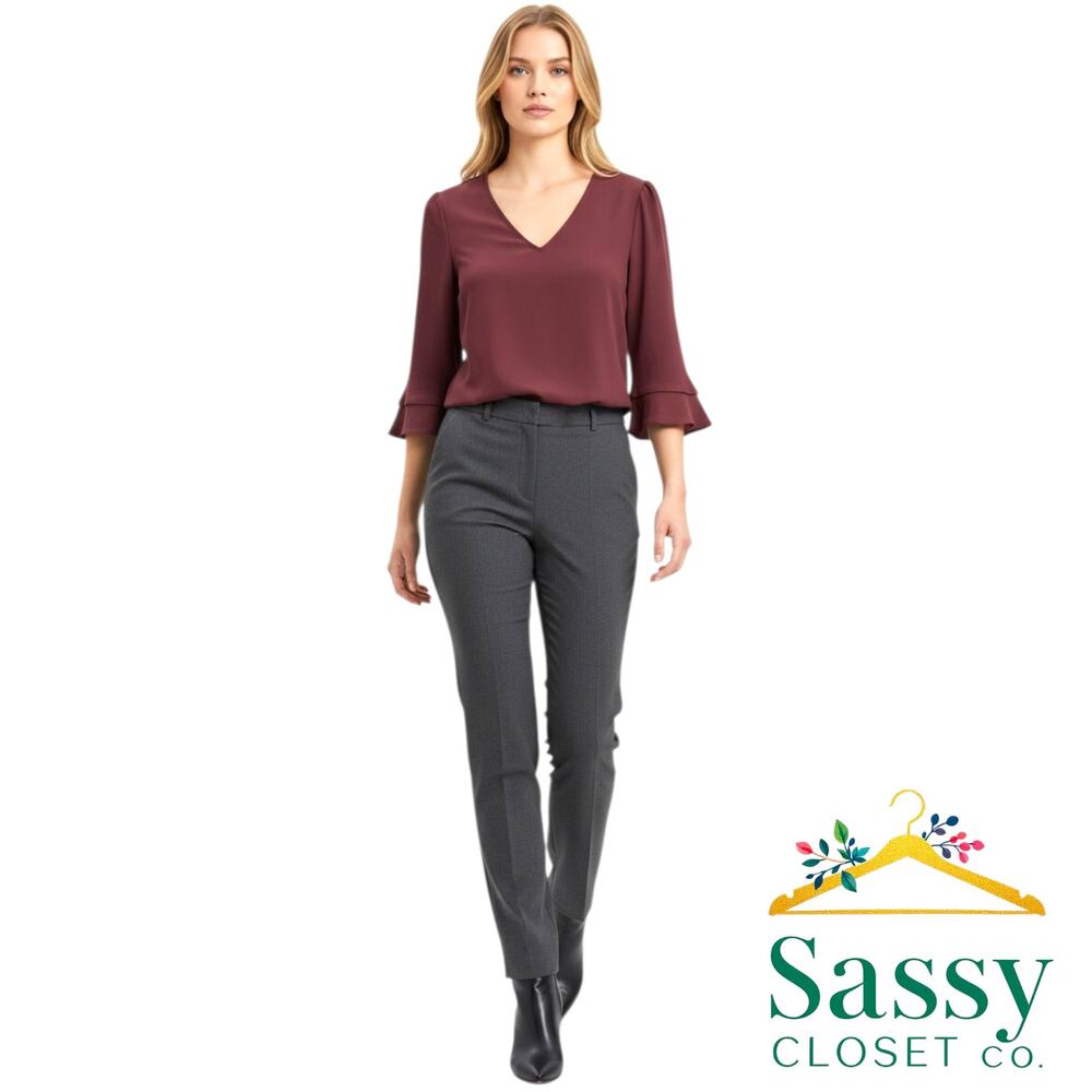 ANN TAYLOR Wine Burgundy V-Neck 3/4 Sleeve Top L Stretch Knit Career Shirt EUC
